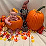 baby, pumpkin, fall, autumn, leaves, orange, gourd, gourd_decoration, gnome, doll, smile, child, headband, blanket, holiday, cute, seasonal, festive, decoration, indoors
