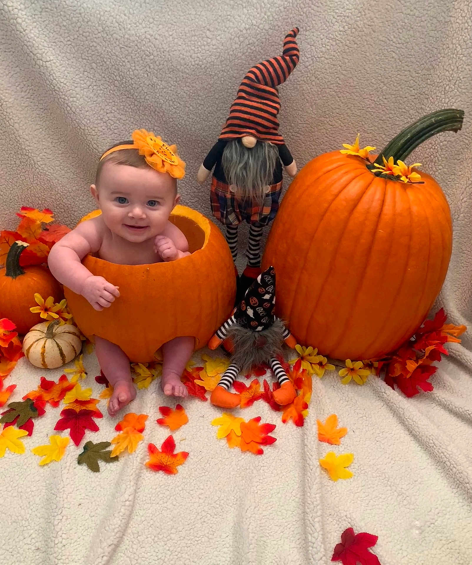 Valerie joined the competition — help win amazing prizes! baby, pumpkin, fall, autumn, leaves, orange, gourd, gourd_decoration, gnome, doll, smile, child, headband, blanket, holiday, cute, seasonal, festive, decoration, indoors
