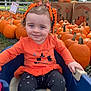 autumn, black_pants, blue_eyes, child, cute, fall, festive, grass, hair_ribbons, holiday, orange_clothing, outdoor, person, pumpkin, pumpkin_patch, seasonal, smile, toddler, tree, wagon