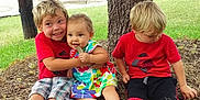 Braidon joined the competition — help win amazing prizes! child, children, baby, grass, tree, barefoot, outdoor, park, playful, hugging, leaf, smiling, casual_clothing, shorts, tshirt, nature, summer, sitting, happy, family