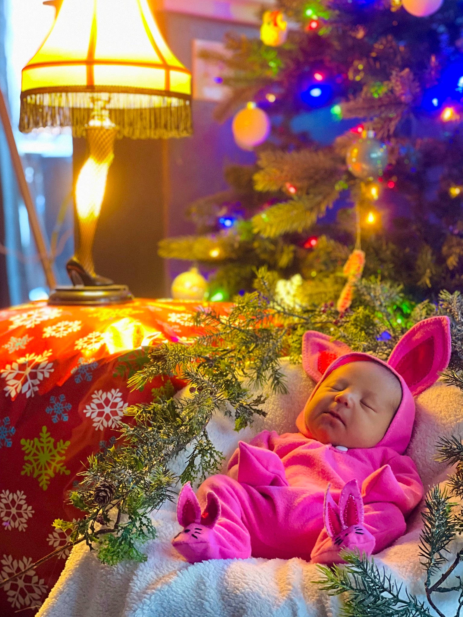 Lennon joined the competition — help win amazing prizes! christmas_decoration, christmas_ornament, christmas_tree, decoration, event, evergreen, grass, holiday, holiday_ornament, lantern, leaf, light, lighting, magenta, ornament, person, plant, purple, toddler, tradition