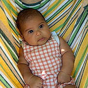 Léon participe au concours pour gagner de l'argent avec cette photo : arms, baby, checkered, child, clothing, colorful, comfort, cute, expression, face, hammock, infant, legs, outdoor, pink, portrait, relaxing, skin, striped, white