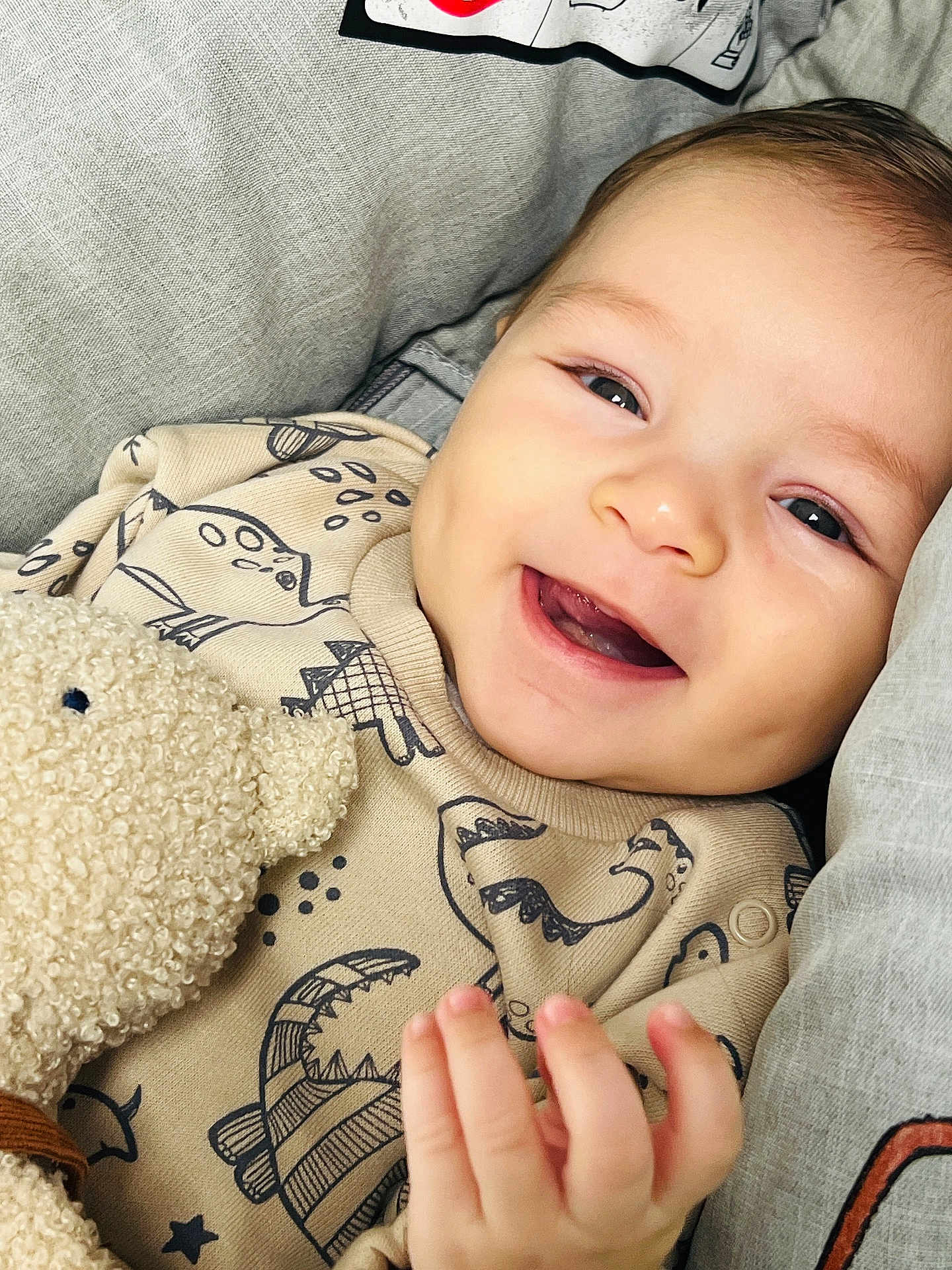 Zayn a rejoint le concours — aidez-le/la à gagner de superbes lots ! baby, smile, teddy_bear, cuddly_toy, dinosaur_print, cute, child, happy, infant, clothing, hand, face, portrait, cozy, soft_texture, fabric, close_up, young_child, indoor, light