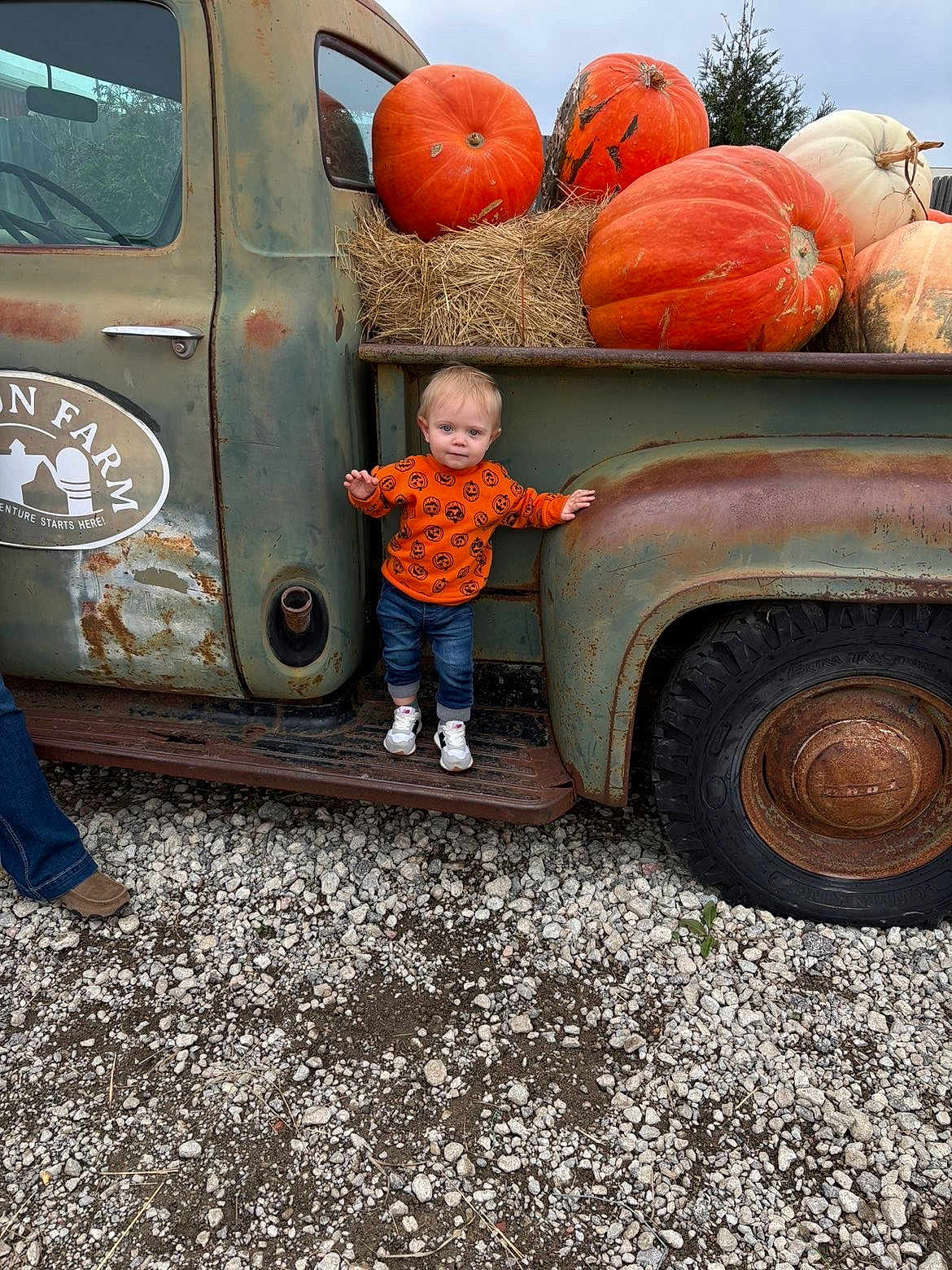Malak is registered to the contest to win money with this photo: toddler, child, pumpkins, orange_sweater, truck, rusty, farm, hay, gravel, outdoor, autumn, jeans, sneakers, vehicle, wheel, nature, person, seasonal, cute, standing
