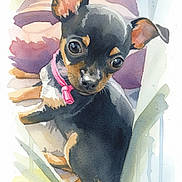 Ariel joined the competition — help win amazing prizes! watercolor, painting, dog, small_dog, pastel_colors, artistic, brush_strokes, ears, collar, pet, cute, portrait, animal_art, illustration, soft_colors, creative, artwork, adorable, canine, watercolor_art