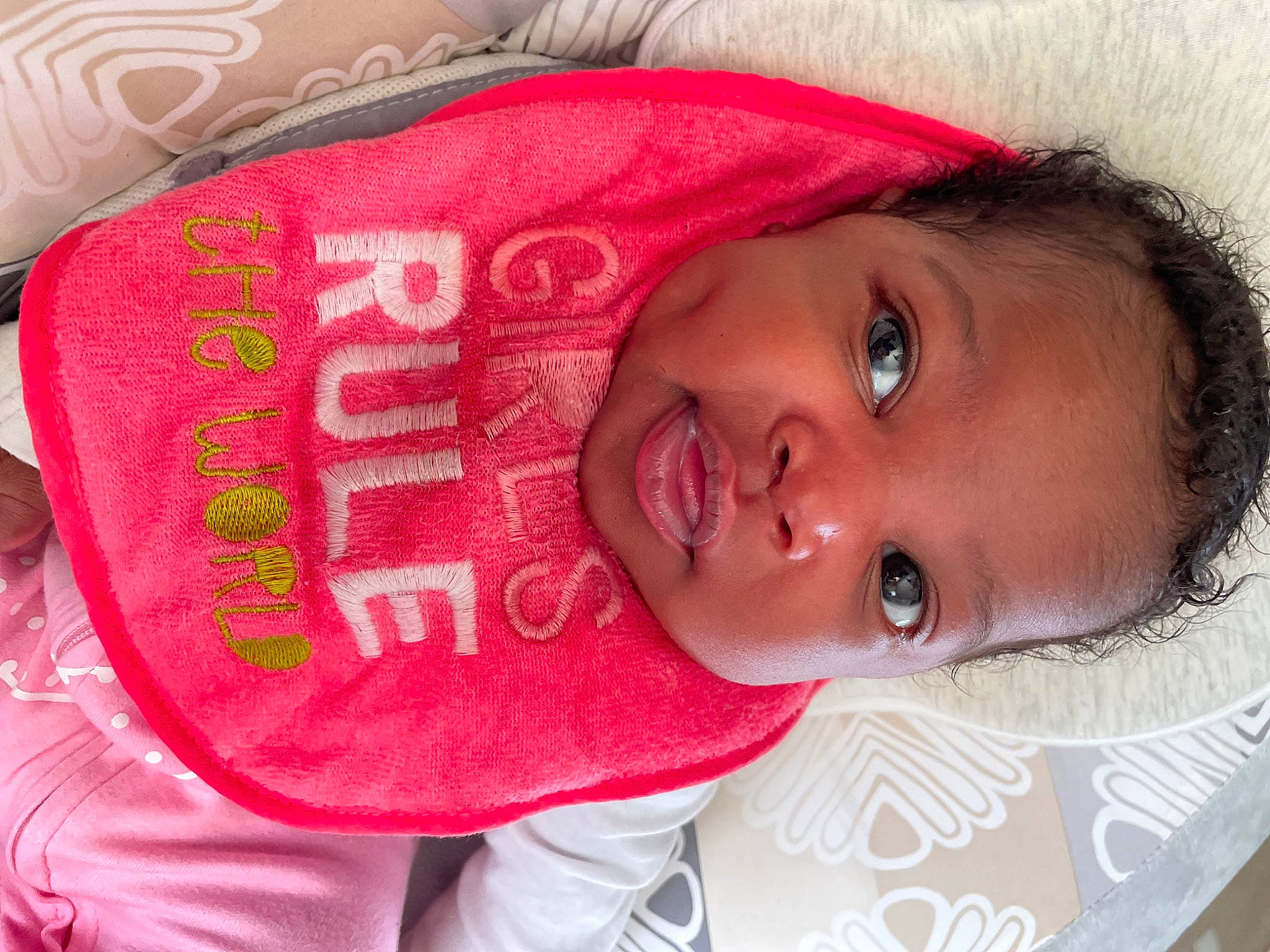 Ariel is registered to the contest to win money with this photo: cheek, child, comfort, cool, eye, eyebrow, eyelash, forehead, hairstyle, happy, lip, mouth, nose, person, pink, skin, sleeve, smile, t_shirt, toddler