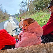 Jade participe au concours pour gagner de l'argent avec cette photo : child, pink_coat, pacifier, horse, carriage, road, trees, man, red_jacket, fur_covering, outdoor, transportation, winter_clothing, nature, rural, smiling, people, animal, leisure, travel