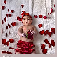 Valentina is registered to the contest to win money with this photo: baby, child, cute, flower, holding_rose, indoors, infant, kiss_marks, love_theme, lying_down, portrait, red_color, red_headband, red_shorts, rose_petals, roses, skin, smiling, toddler, white_blanket