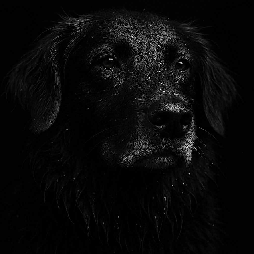 Maya participe au concours pour gagner de l'argent avec cette photo : animal, black_and_white, canine, close_up, dark_background, detailed, dog, expression, eyes, face, fur, headshot, moody, muzzle, outdoor, pet, portrait, studio, texture, wet_fur