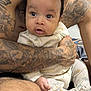 baby, infant, tattoos, arms, pajamas, clothing, person, skin, face, eyes, expression, hand, legs, indoors, bedroom, blurred_background, holding, cute, young_child, closeup