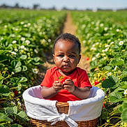 Grayson is registered to the contest to win money with this photo: toddler, child, basket, strawberry, red_shirt, greenery, plants, flowers, outdoor, field, nature, sunlight, daylight, baby, fruit, cute, portrait, garden, summer, agriculture