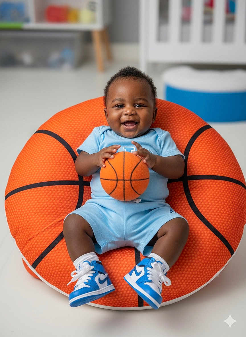 Grayson is registered to the contest to win money with this photo: baby, basketball, bean_bag, blue_outfit, smiling, sneakers, indoor, child, toy, happy, cute, sport, footwear, person, infant, playful, seated, floor, clothing, portrait