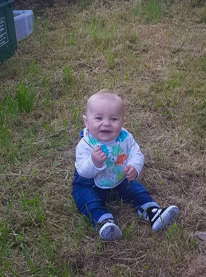 Christopher is registered to the contest to win money with this photo: baby, child, fun, grass, grass_family, lawn, leaf, people, person, plant, play, sitting, smile, soil, toddler, tree