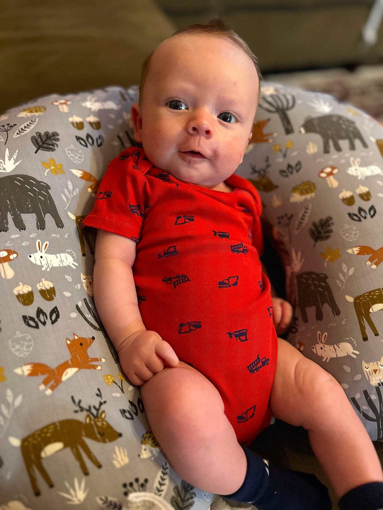 Dawson joined the competition — help win amazing prizes! abdomen, baby, baby_toddler_clothing, cheek, chest, child, comfort, foot, happy, human_leg, infant_bodysuit, orange, pattern, person, sitting, skin, sleeve, stomach, thigh, toddler