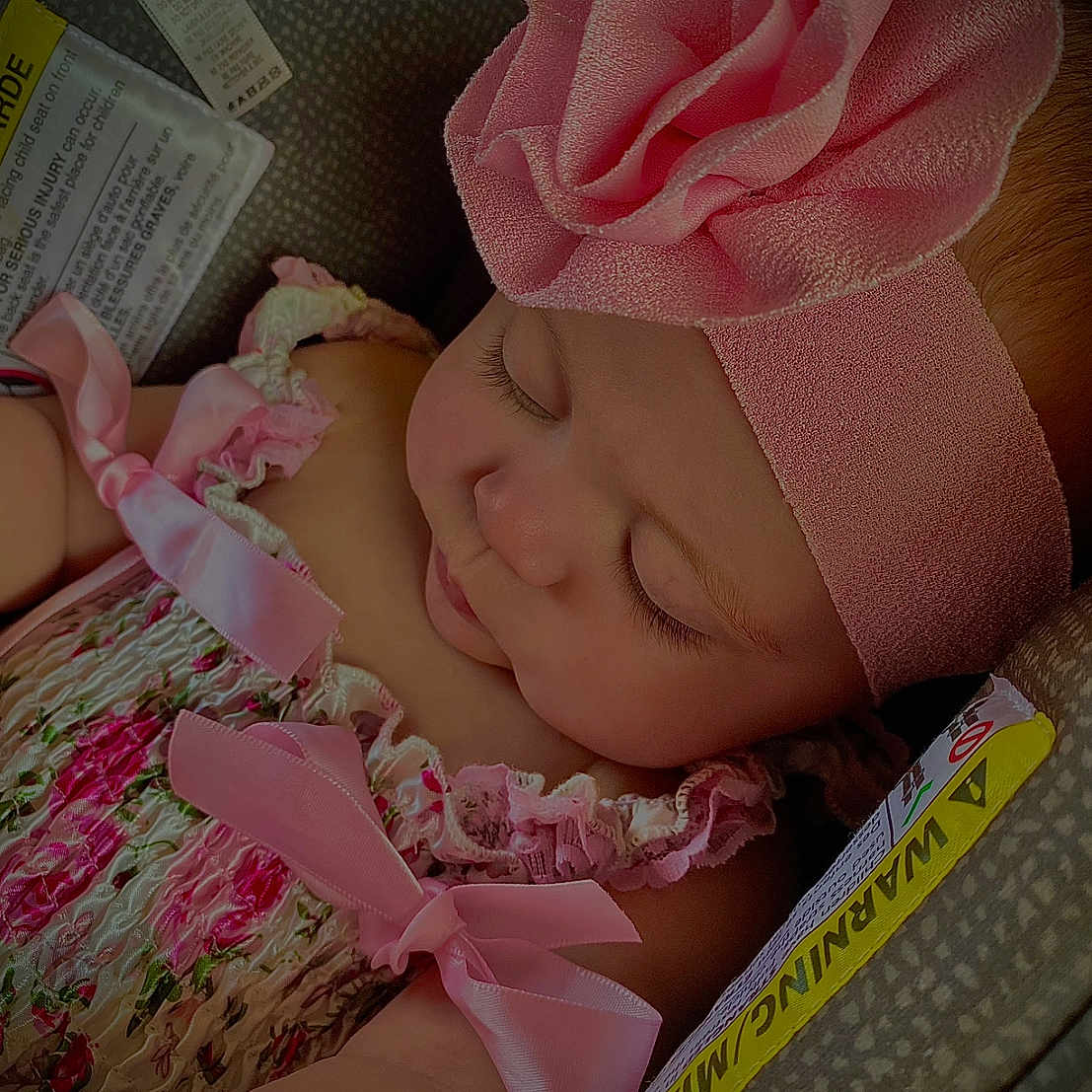 Ceceila joined the competition — help win amazing prizes! baby, sleeping, infant, portrait, pink, headband, flower, ribbons, dress, blanket, close_up, face, eyelashes, peaceful, indoors, car_seat, fabric, newborn, nap, cute