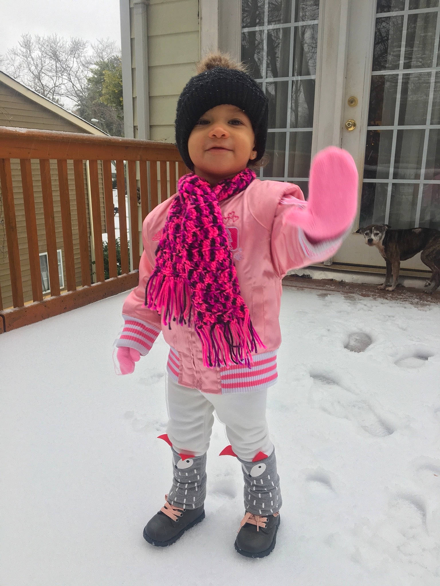 Audrianna joined the competition — help win amazing prizes! child, day, design, fun, girl, headgear, jeans, magenta, outerwear, pattern, person, pink, scarf, snow, textile, toddler, trousers, winter