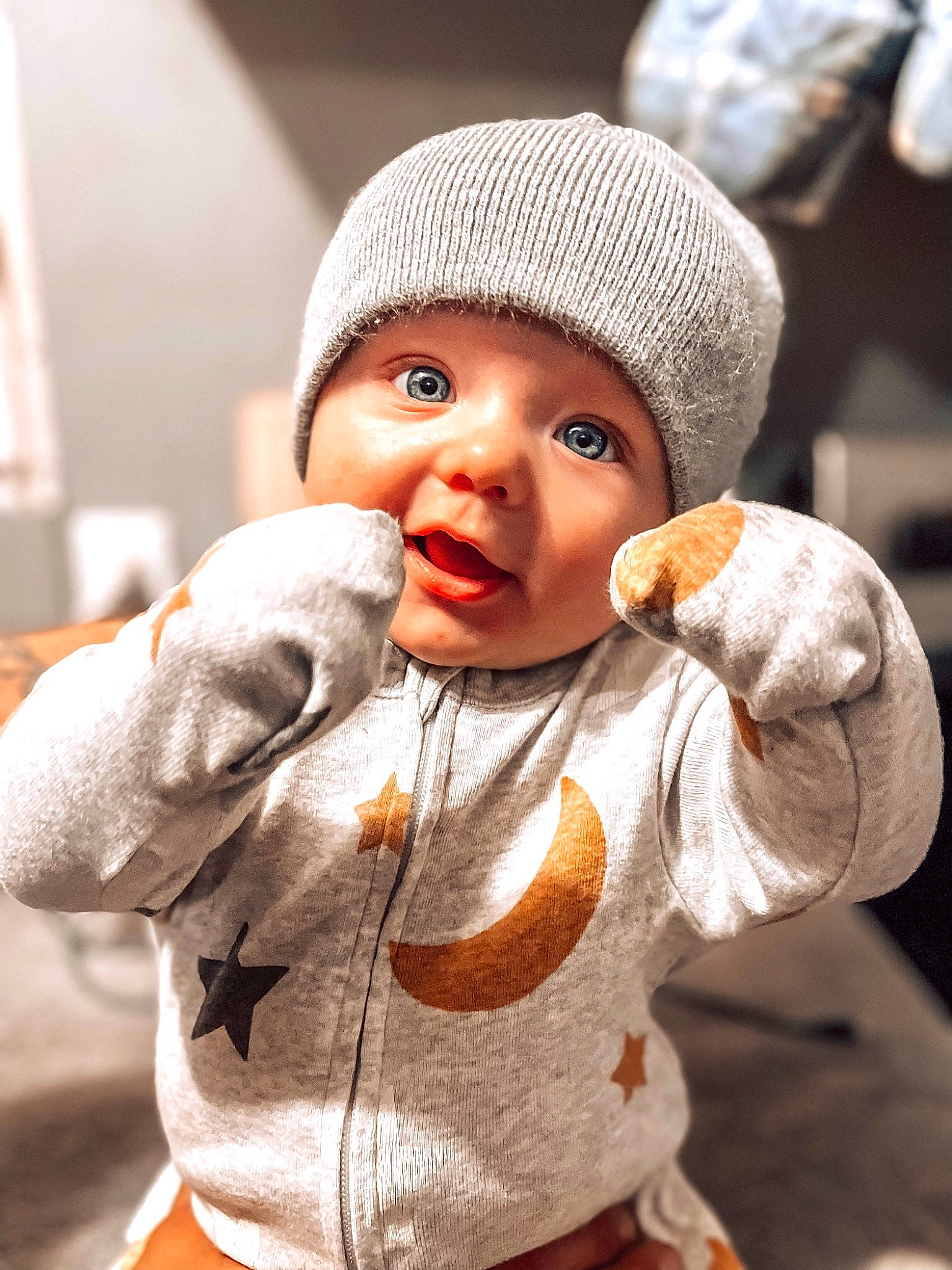 Greyson is registered to the contest to win money with this photo: baby, baby_toddler_clothing, cap, cheek, child, chin, eye, eyelash, fur, happy, head, headwear, knit_cap, lip, nose, outerwear, person, skin, sleeve, toddler