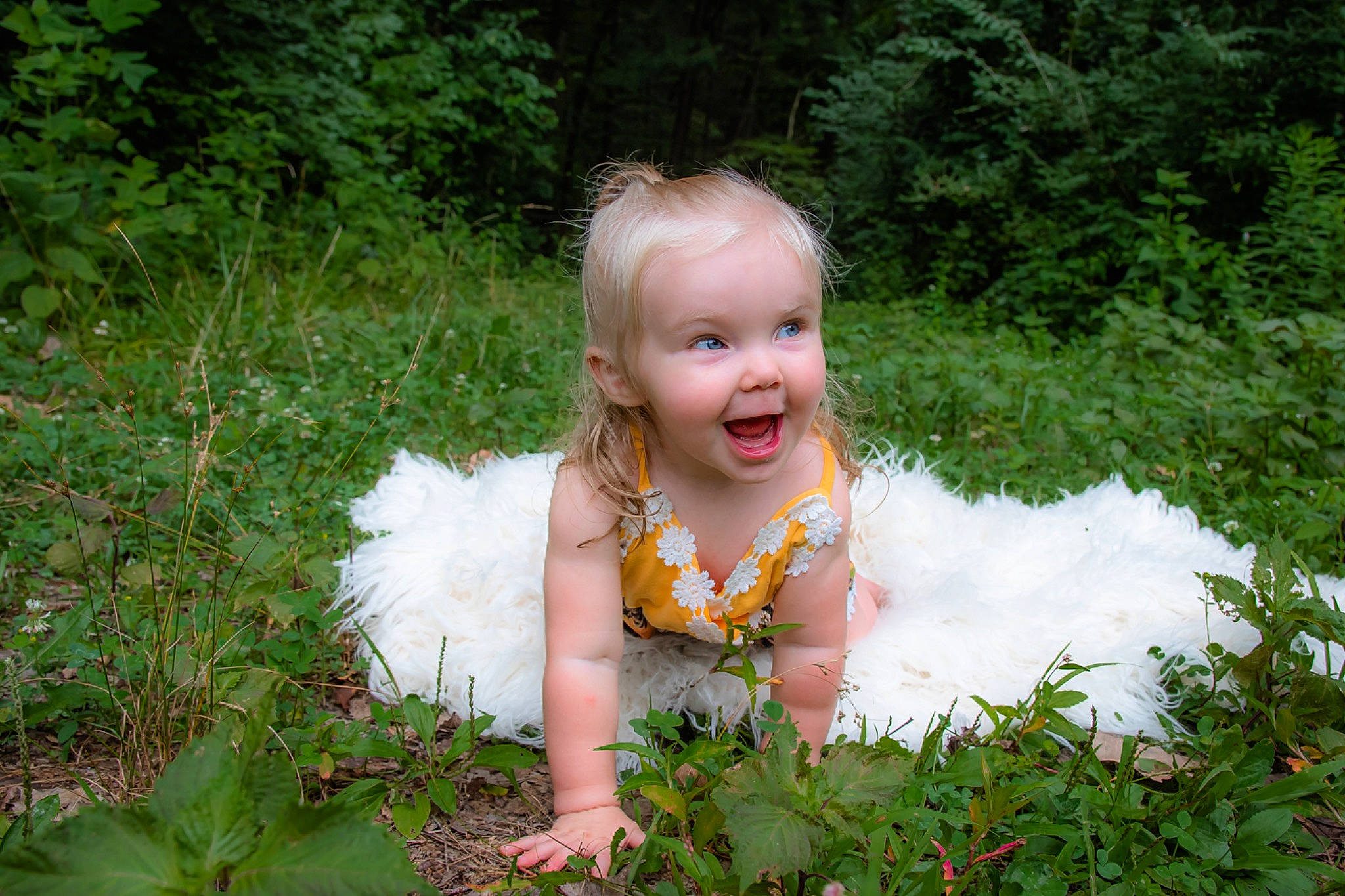Lena is registered to the contest to win money with this photo: baby, baby_toddler_clothing, face, flower, forest, garden, grass, grass_family, groundcover, happy, leaf, meadow, natural_landscape, people_in_nature, person, plant, smile, terrestrial_plant, toddler, tree