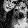 woman, dog, portrait, black_and_white, glasses, face, pet, animal, love, friendship, close_up, eyes, expression, head, hair, muzzle, fur, loyalty, affection, intimacy