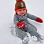 Canaan is registered to the contest to win money with this photo: baby, child, snow, winter, hat, mittens, red, grey_outfit, pom_pom, outdoor, cold, cute, sitting, smiling, face, footwear, playful, frozen, frosty, season