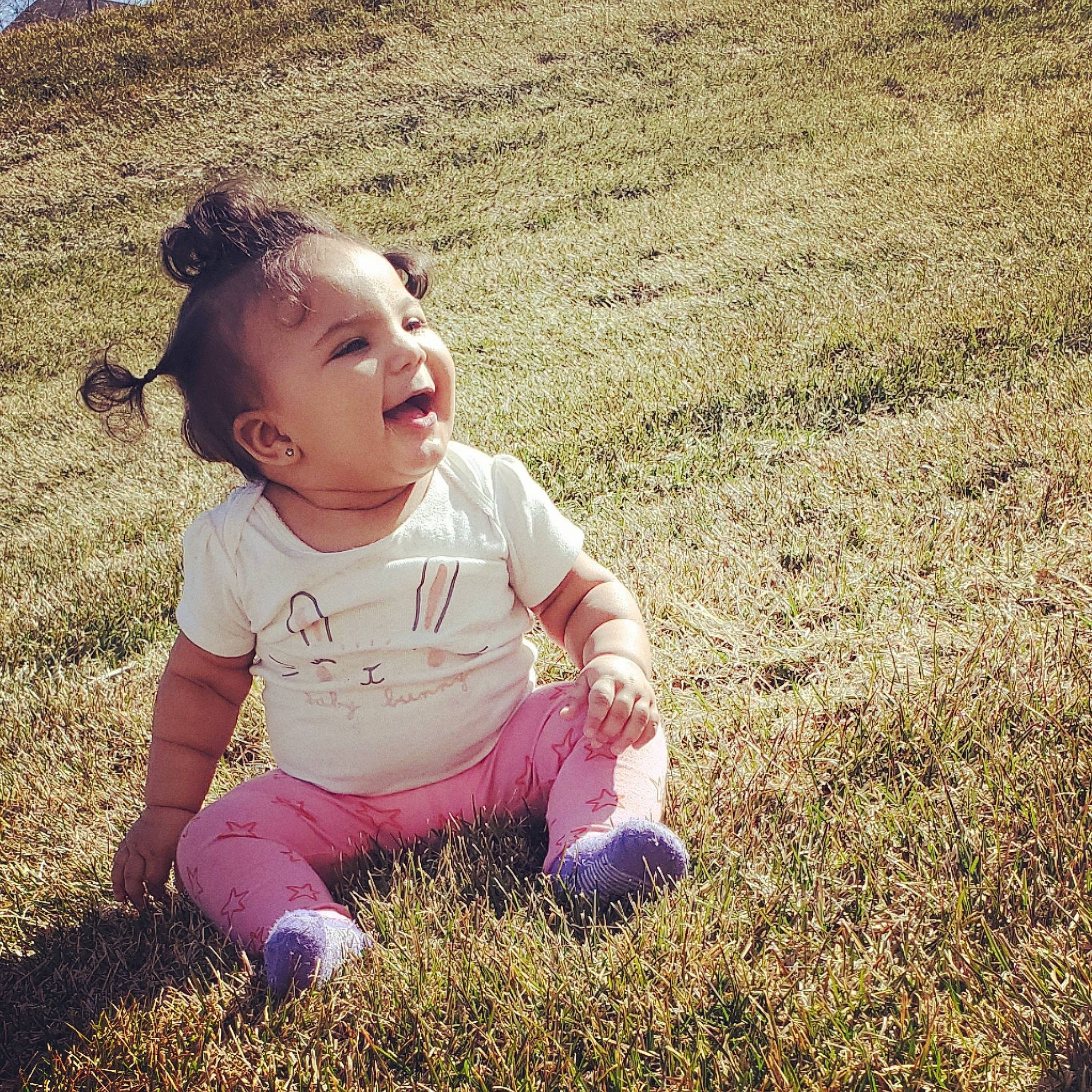 Amyla joined the competition — help win amazing prizes! baby, child, cool, facial_expression, fun, grass, grass_family, happy, lawn, leaf, people_in_nature, person, pink, plant, play, sky, smile, spring, summer, toddler