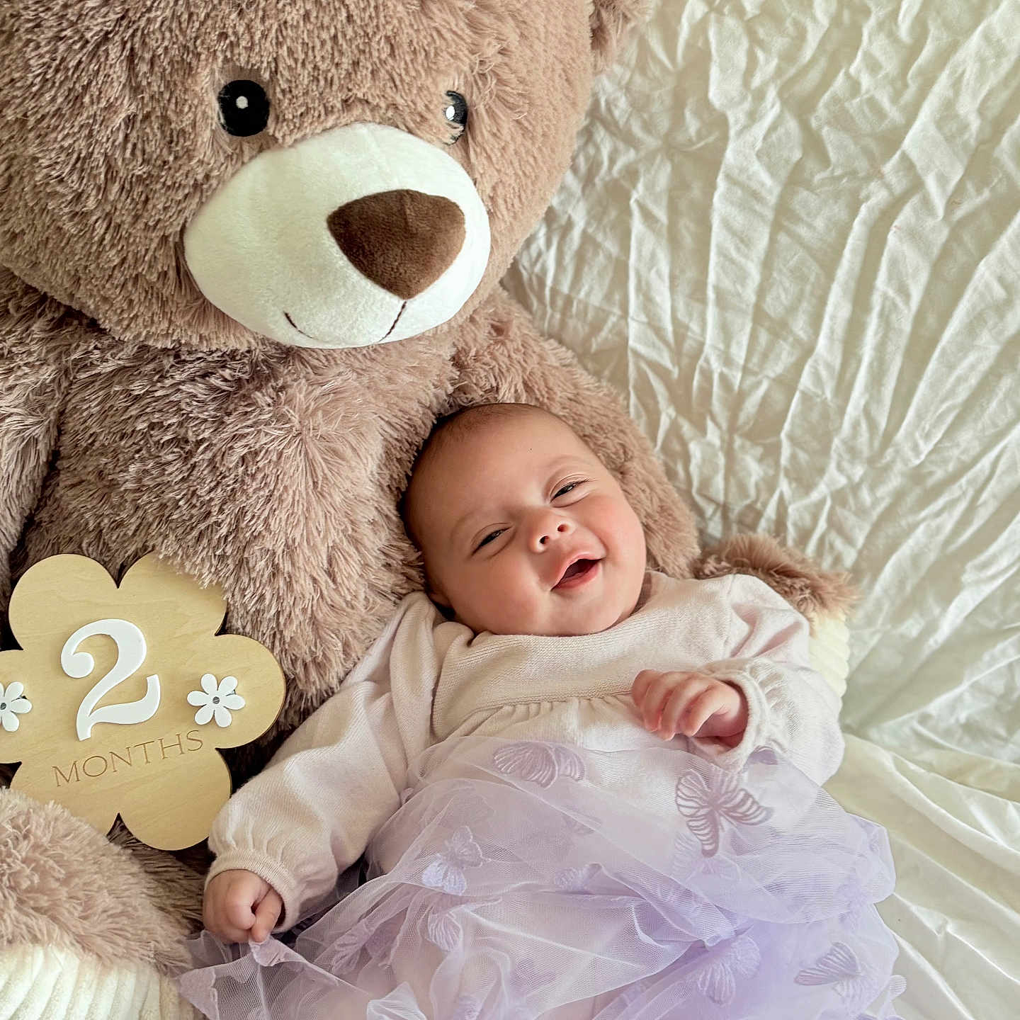 Jennaya participe au concours pour gagner de l'argent avec cette photo : baby, celebration, child, cozy, cute, dress, fabric, happy, indoors, infant, lying_down, months, plush_toy, portrait, purple, smiling, soft_toy, teddy_bear, white_blanket, wooden_sign