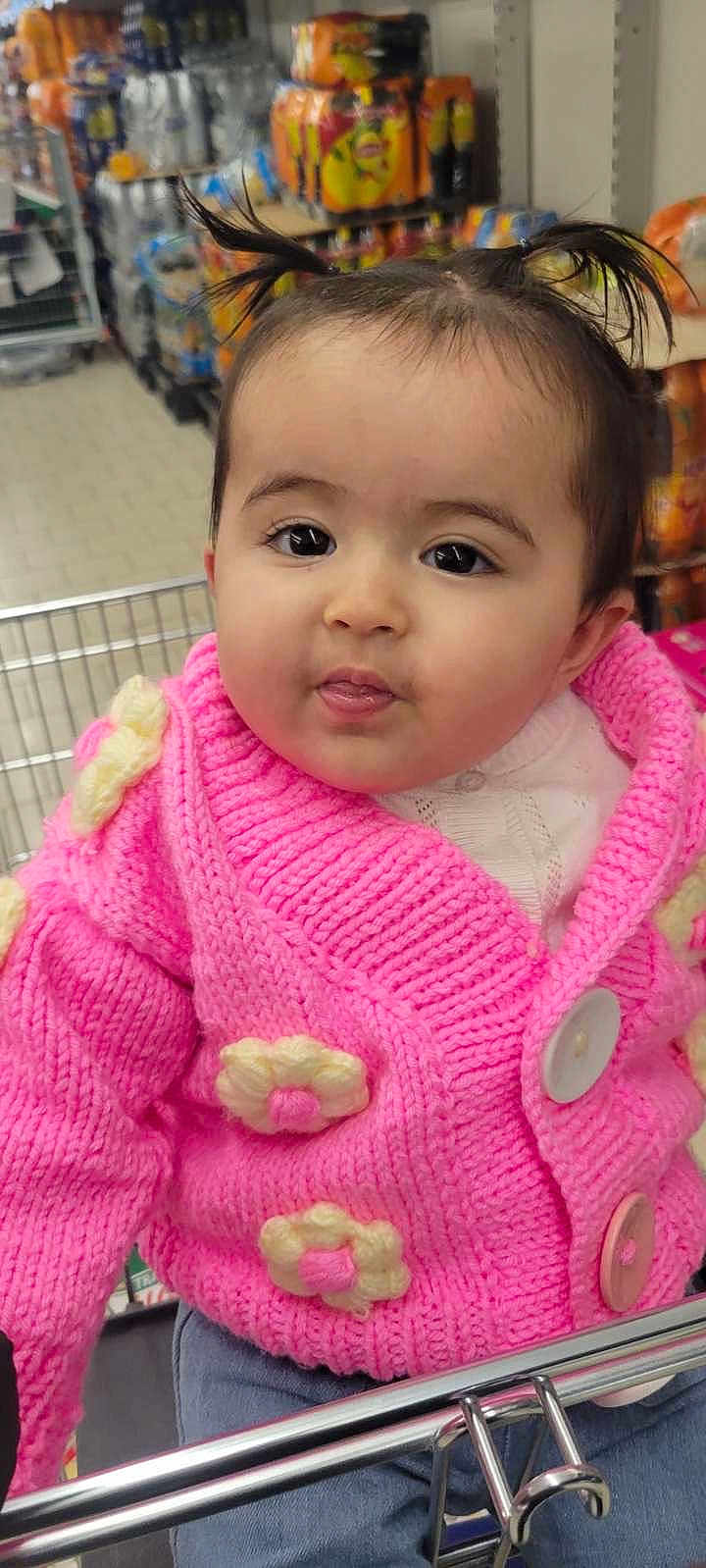 Bala participe au concours pour gagner de l'argent avec cette photo : aisle, baby, button, child, clothing, curious, cute, face, flowers, grocery_store, indoor, infant, knitwear, person, pigtails, pink_sweater, portrait, shopping_cart, supermarket, young_child