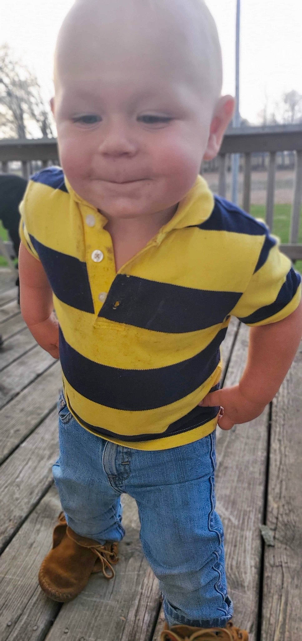 Jesse joined the competition — help win amazing prizes! active_shirt, baby, baby_toddler_clothing, denim, finger, jeans, person, pocket, skin, sleeve, standing, yellow
