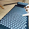 cat, paw, acupressure_mat, spikes, floor, tile, wooden_cabinet, indoor, curious, pet, animal, white_cat, brown_spots, relaxation, wellness, home, furniture, mat, pointy, domestic_pet