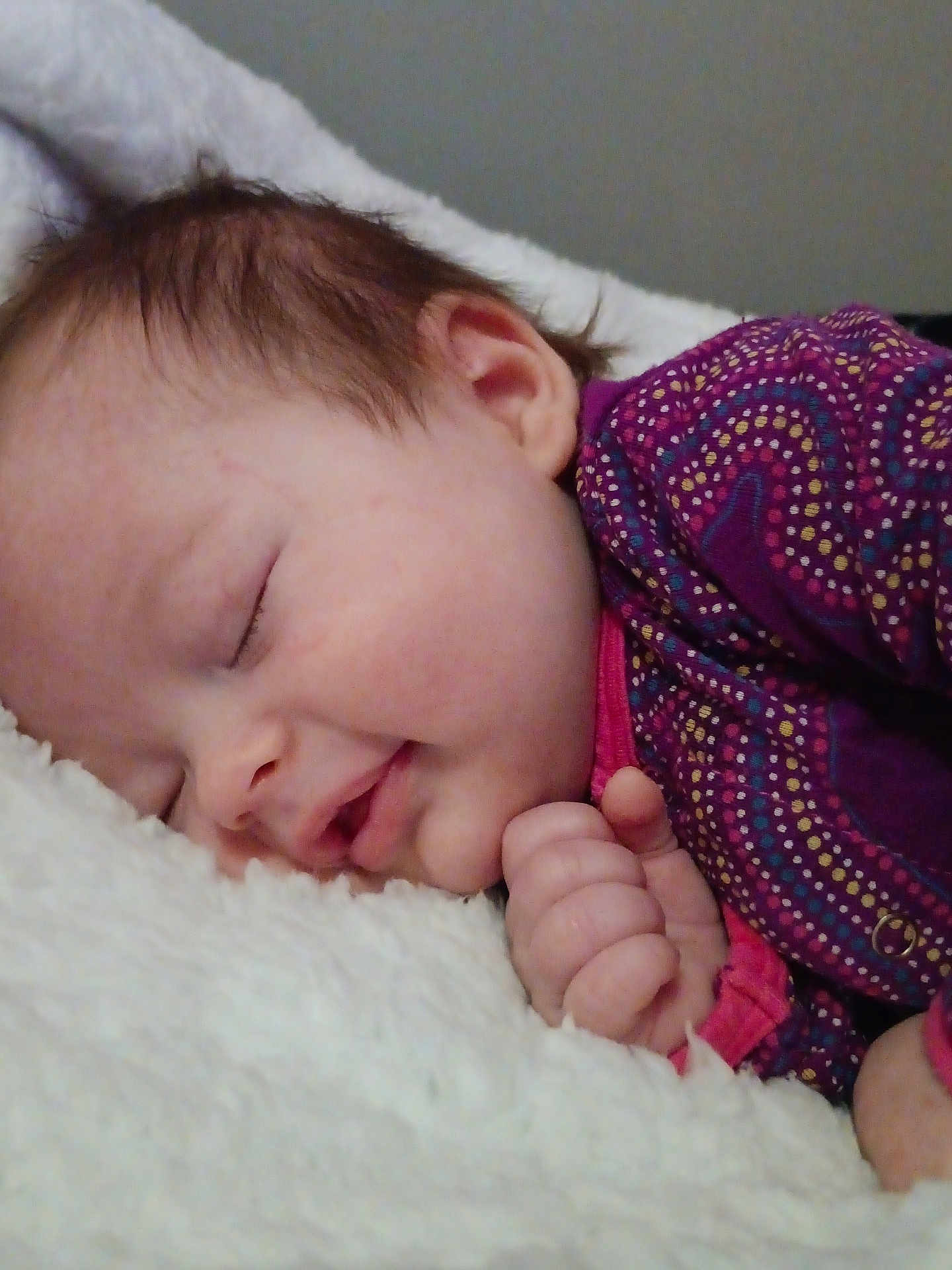 Grace joined the competition — help win amazing prizes! baby, sleeping, infant, blanket, soft, cozy, closeup, face, hand, patterned_clothing, purple, pink, skin, peaceful, rest, child, cute, indoors, portrait, newborn