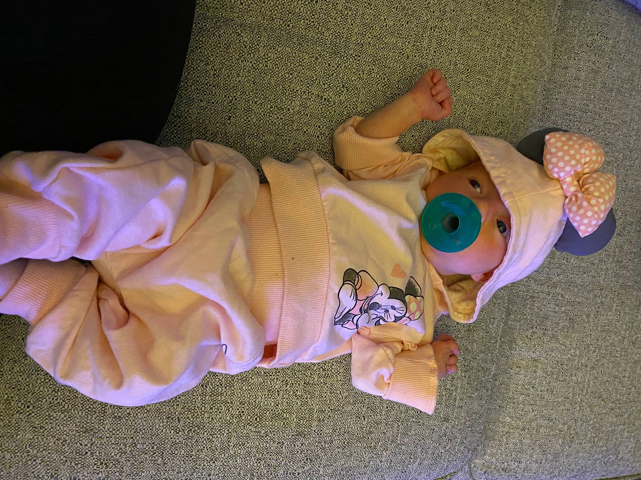 Morgan is registered to the contest to win money with this photo: baby, baby_products, baby_toddler_clothing, baby_toys, child, comfort, costume, fashion_accessory, fawn, headgear, linens, pattern, peach, person, pink, plush, stuffed_toy, textile, toy