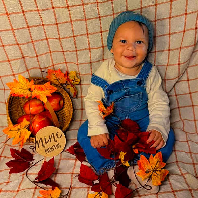 Darryn joined the competition — help win amazing prizes! apples, autumn_leaves, baby, baby_photography, basket, child, cute, decor, denim_overalls, fall_theme, happy, indoor, knit_hat, milestone_sign, nine_months, plaid_blanket, portrait, seasonal, sitting, smiling