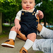 Aariz joined the competition — help win amazing prizes! baby, child, person, smile, overalls, socks, shoes, hand, outdoor, park, trees, greenery, cute, portrait, infant, happy, holding, casual_clothing, nature, daylight