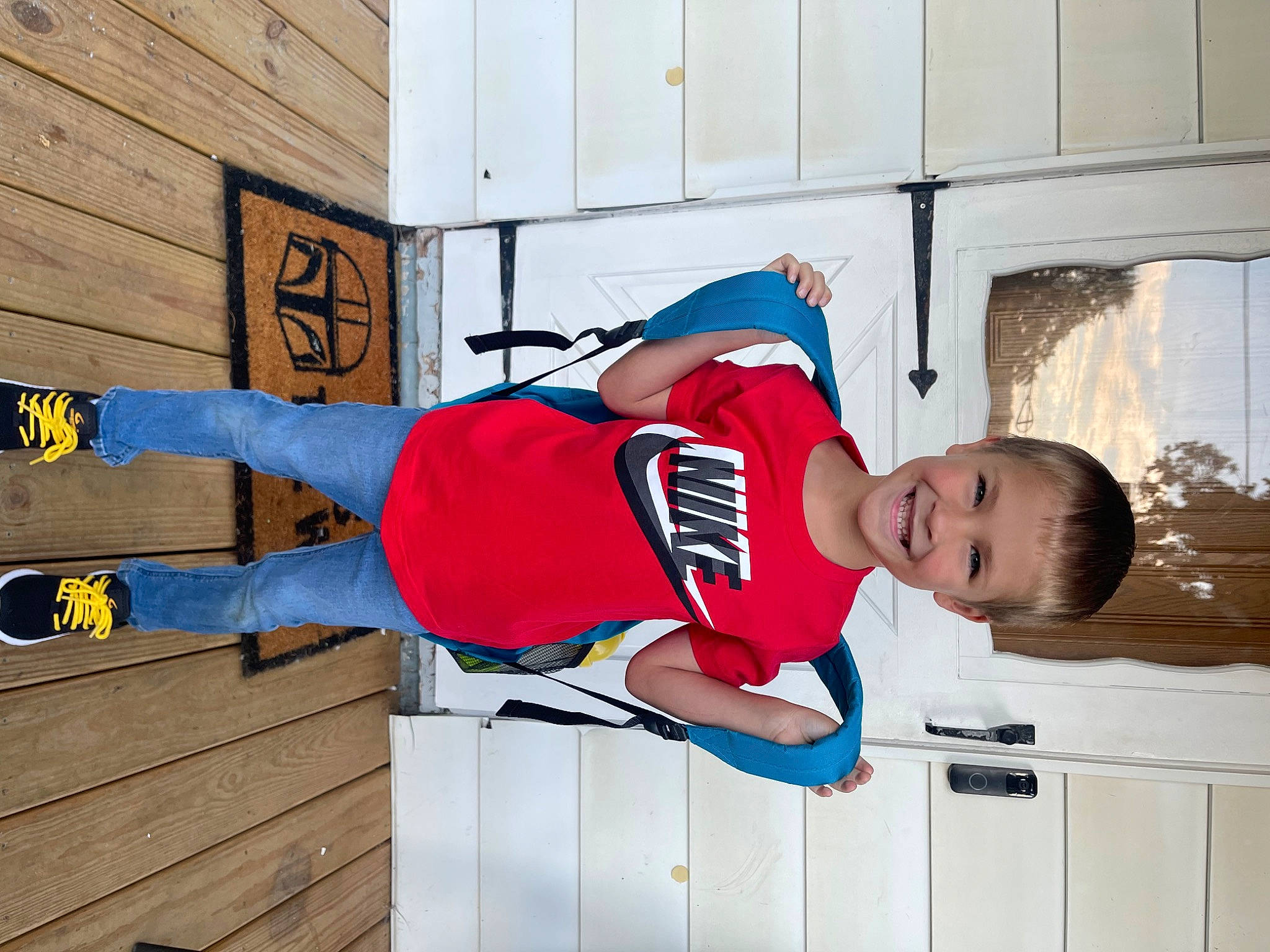 Logan is registered to the contest to win money with this photo: baby_toddler_clothing, carmine, elbow, electric_blue, fun, happy, hat, joy, knee, person, red, shorts, sleeve, sports_uniform, sportswear, t_shirt, thigh, toddler, uniform, walking_shoe