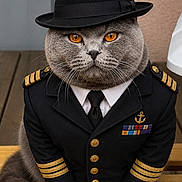 Vito a rejoint le concours — aidez-le/la à gagner de superbes lots ! amber_eyes, animal_clothing, buttons, cat, close_up, costume, cute, fedora, feline, gray_cat, hat, indoors, medals, military_jacket, navy_uniform, pet, portrait, serious, sitting, wooden_bench