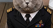 Vito a rejoint le concours — aidez-le/la à gagner de superbes lots ! amber_eyes, animal_clothing, buttons, cat, close_up, costume, cute, fedora, feline, gray_cat, hat, indoors, medals, military_jacket, navy_uniform, pet, portrait, serious, sitting, wooden_bench