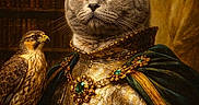 Vito participe au concours pour gagner de l'argent avec cette photo : animal, armor, bird, cat, clothing, detailed, falcon, feline, gold, green_cloak, historical, jewelry, library, majestic, medieval, noble, ornate, portrait, regal, vintage