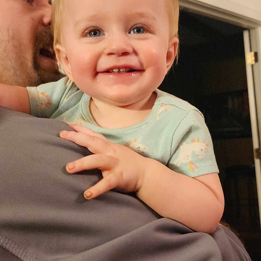 Vivian joined the competition — help win amazing prizes! adult, baby, bodypart, clothing, face, finger, hand, happy, head, hugging, laughing, male, man, pants, people, person, photography, portrait, smile, t_shirt