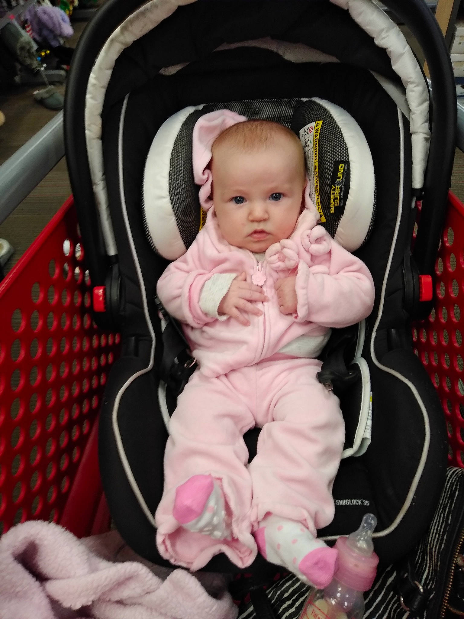 Stevie Rose joined the competition — help win amazing prizes! baby_carriage, baby_products, car_seat, child, eye, girl, infant, person, pink, product, skin, toddler