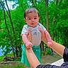 arm, baby, background, balcony, child, curious, daylight, face, foot, greenery, hands, holding, nature, outdoor, person, shirt, shorts, skin, summer, trees