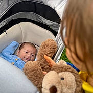 Dylan joined the competition — help win amazing prizes! baby, child, stroller, teddy_bear, blue_sweater, knitted_clothing, toy, soft_toy, infant, outdoor, green_grass, blurred_background, face, portrait, interaction, cute, warm, family, young_child, comfort