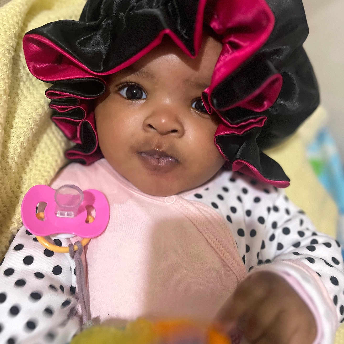 Xialyn joined the competition — help win amazing prizes! baby, babylaughing, bonnet, cap, clothing, coat, dress, face, happy, hat, head, person, photography, portrait, sitting, smile