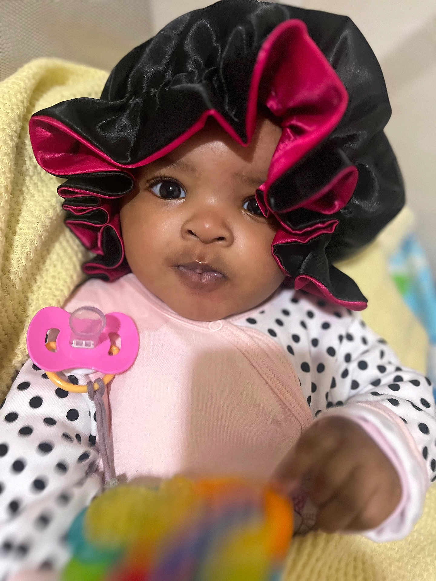 Xialyn joined the competition — help win amazing prizes! baby, babylaughing, bonnet, cap, clothing, coat, dress, face, happy, hat, head, person, photography, portrait, sitting, smile