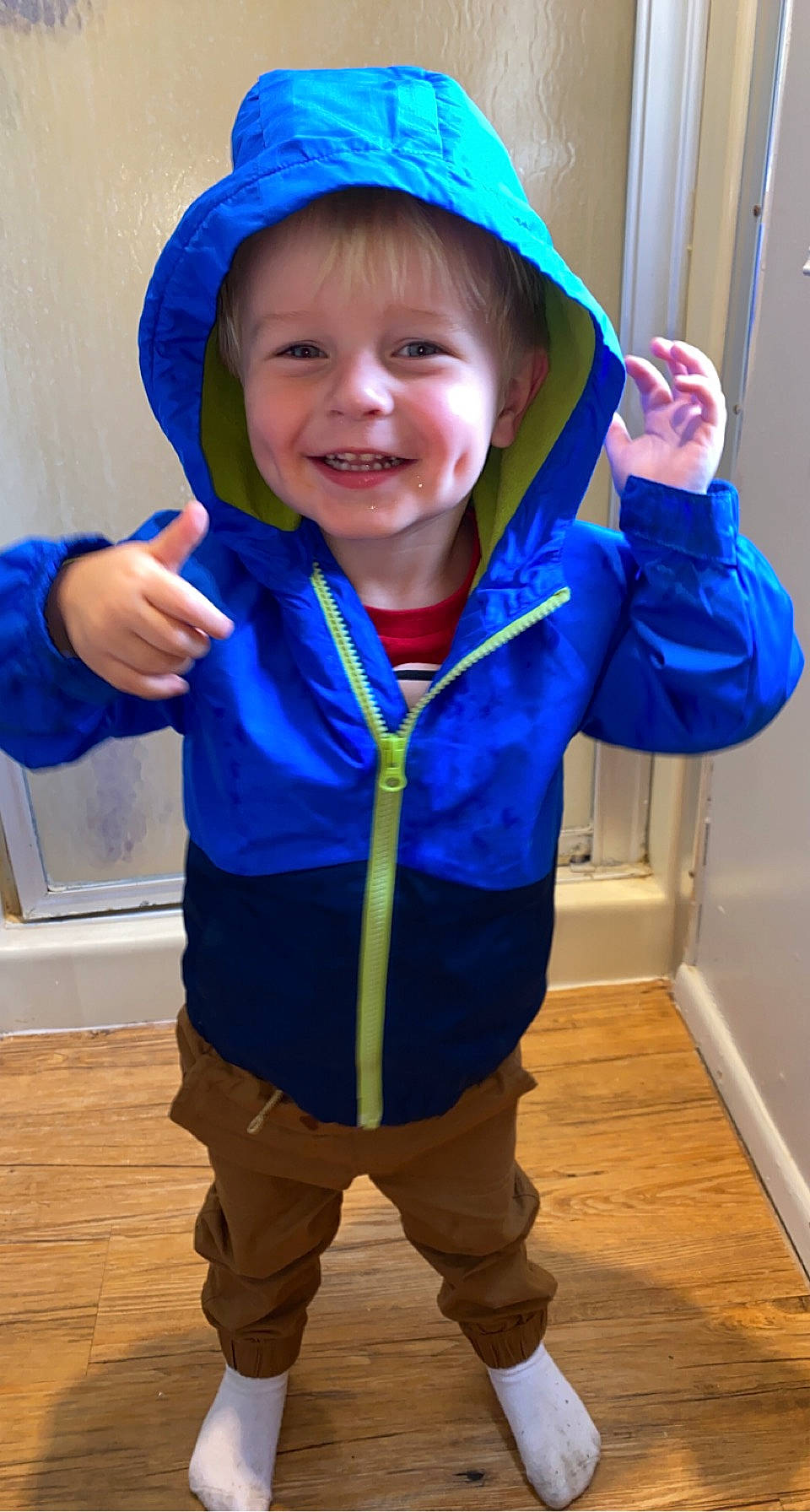 Hayden joined the competition — help win amazing prizes! arm, blue, cheek, clothing, cool, face, finger, gesture, happy, headgear, headwear, human_body, jacket, joy, nose, outerwear, person, purple, sleeve, smile