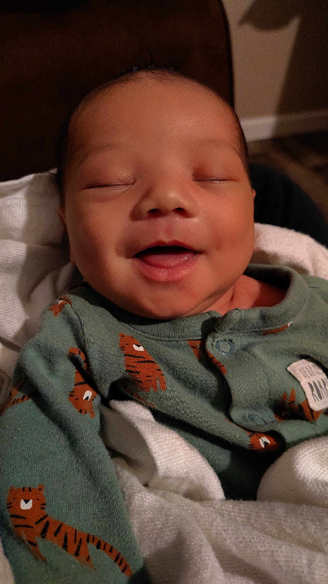 Wynston is registered to the contest to win money with this photo: baby, smiling, infant, sleepy, green_onesie, tiger_print, blanket, close_up, face, peaceful, cute, child, soft_lighting, indoors, newborn, portrait, happy, cozy, clothing, human