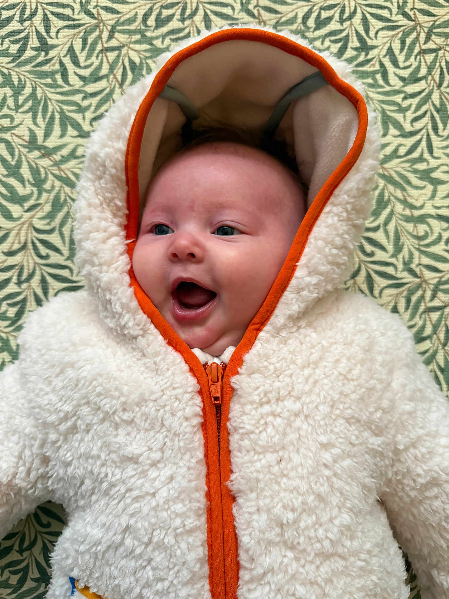 Effie joined the competition — help win amazing prizes! baby, child, smiling, happy, hooded_jacket, orange_zipper, fluffy_clothing, face, blue_eyes, infant, patterned_background, green_leaves, cute, warm_clothing, portrait, indoor, young_child, apparel, expression, closeup