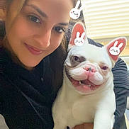 Luna is registered to the contest to win money with this photo: woman, dog, french_bulldog, indoor, smiling, pet, cute, face, ears, light, window, blinds, holding, happy, playful, stickers, portrait, cuddle, animal, friendship