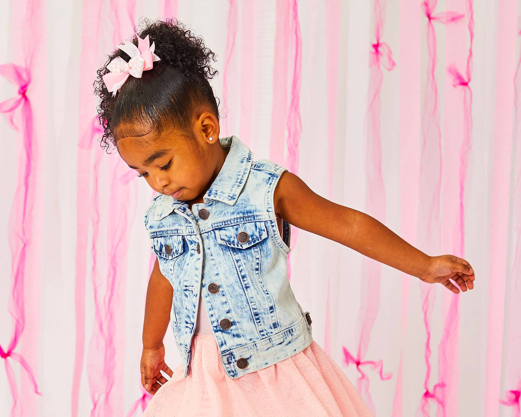 Laylani joined the competition — help win amazing prizes! beauty, child, dress, girl, gown, hair_accessory, happiness, outerwear, person, pink, shoulder, skin, smile, textile, toddler