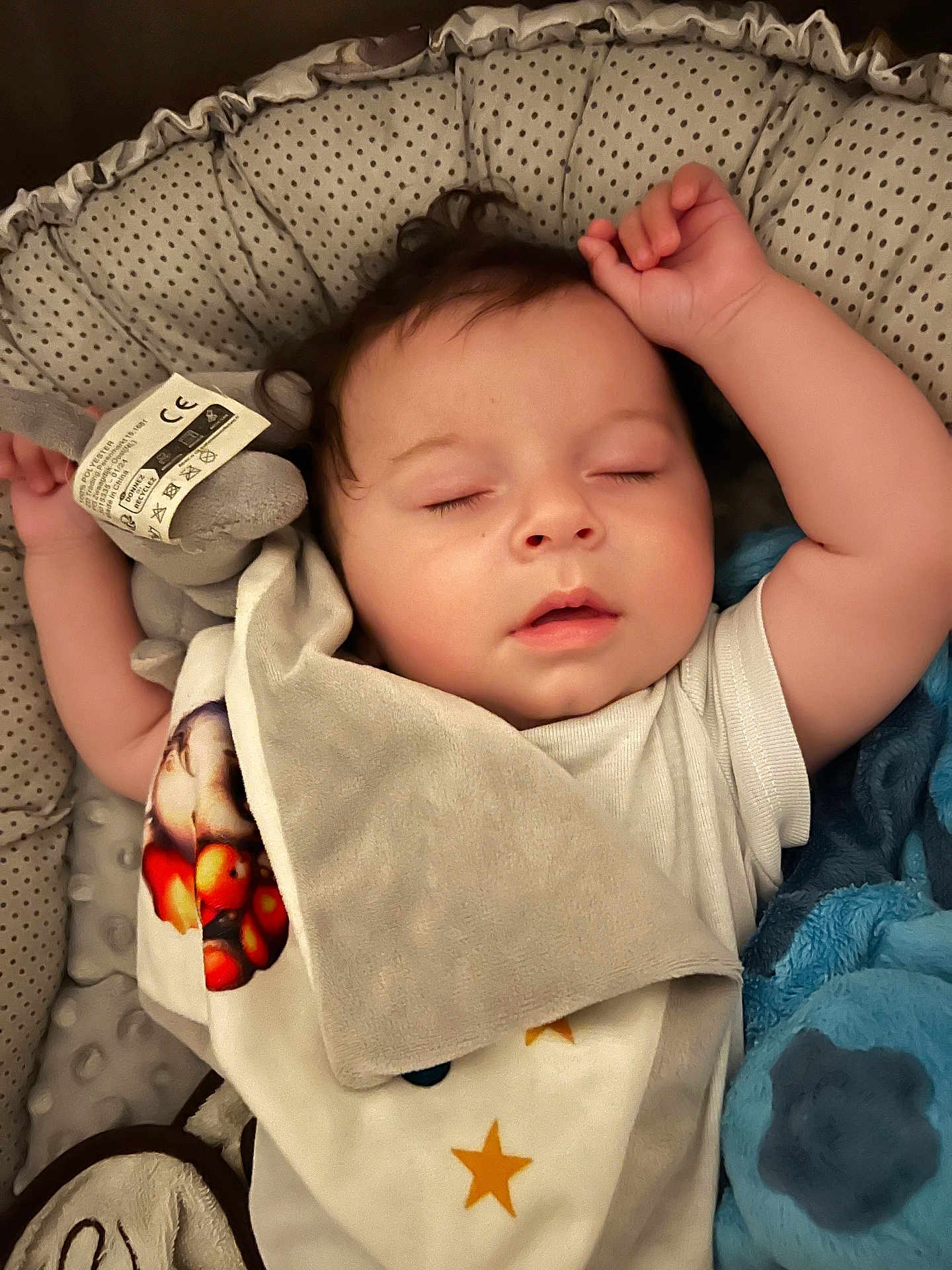 Maël participe au concours pour gagner de l'argent avec cette photo : baby, sleeping, crib, blanket, plush_toy, infant, face, peaceful, soft, cushion, white_shirt, hand, closed_eyes, cute, rest, comfort, child, indoors, cozy, nursery