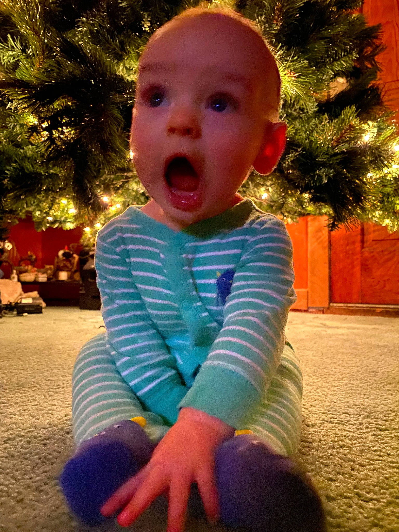 Tripp is registered to the contest to win money with this photo: baby, cheek, child, christmas, cool, face, facial_expression, fun, head, holiday, outerwear, person, play, smile, surprise, toddler, tree